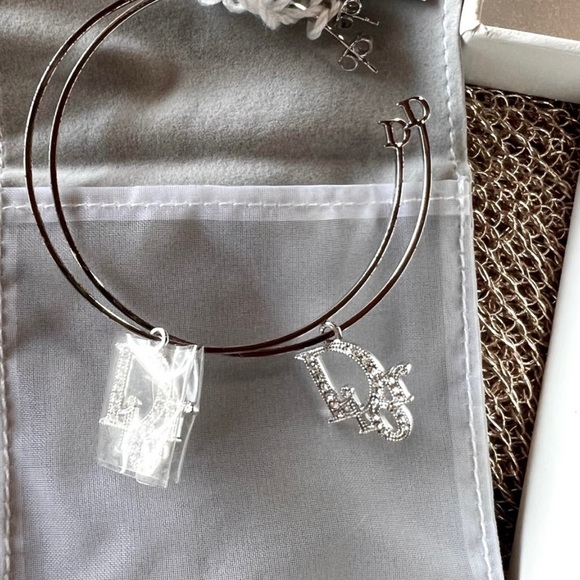 DIOR Silver Hoop XL Earrings Oblique Swarovski Crystal Vintage Authentic